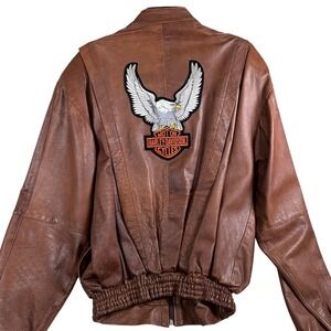Harley Davidson Eagle Bomber Leather Jacket Brown Distressed Vintage 90s 80 Moto